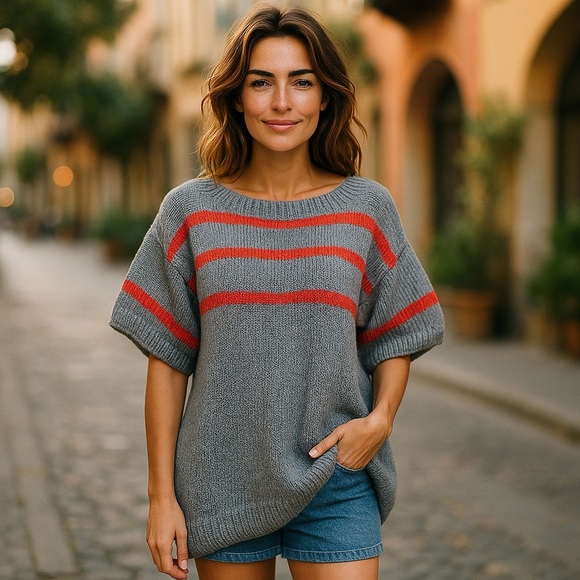 Vintage Gray Red Striped Short Sleeve Knit Sweater - Picture 1 of 10